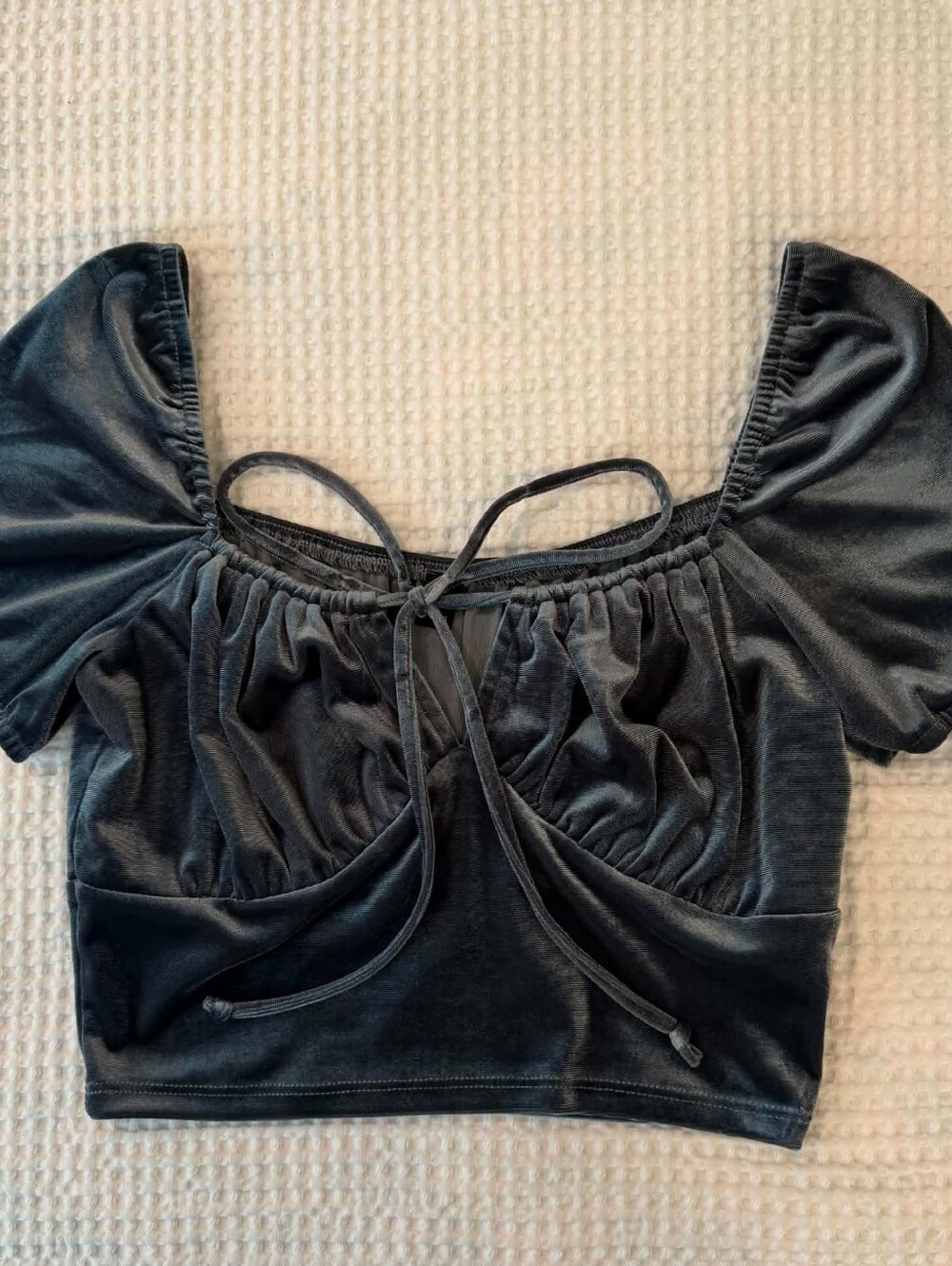 Hey babe peacock blue/deep teal velvet puff sleeve crop top S25